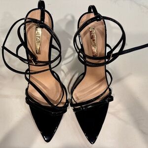 Liliana Black Patent Strappy Pointed-Toe Heels